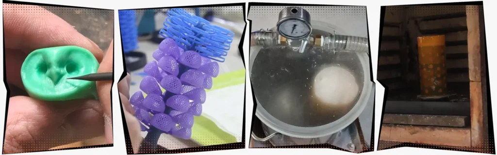 Lost-wax casting jewelry process showing wax model preparation, wax tree assembly, and plaster mold making