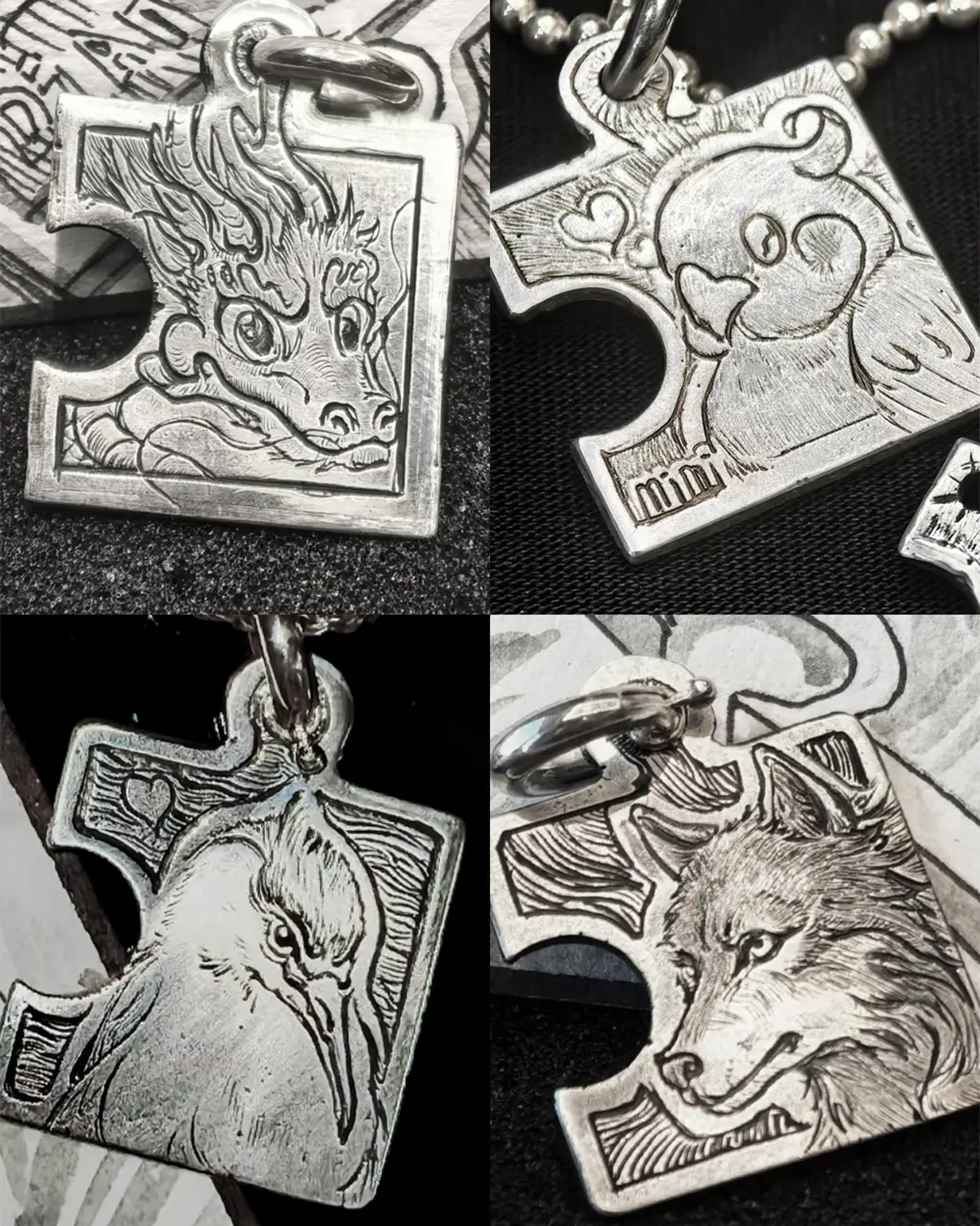 Four custom puzzle piece necklace designs featuring a Chinese dragon, parrot, wolf, and night heron
