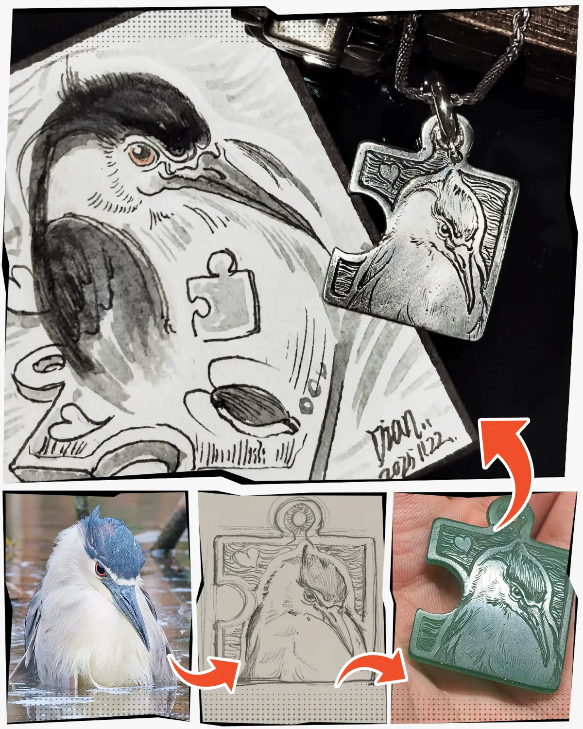 From the night heron image to the completed silver pendant, there are four steps involved in creating a personalized puzzle piece necklace.