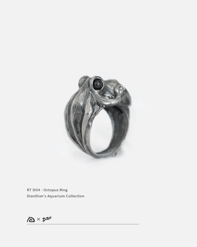Pure silver octopus ring 45-degree angle display image on a white background
