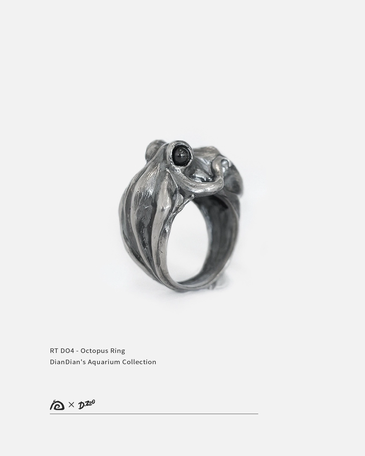 Pure silver octopus ring 45-degree angle display image on a white background