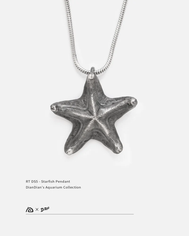 Front view of a distressed handcrafted silver starfish necklace on a white background